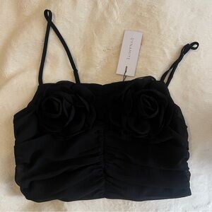 Dynamite Black Ruched Top with Floral Accents